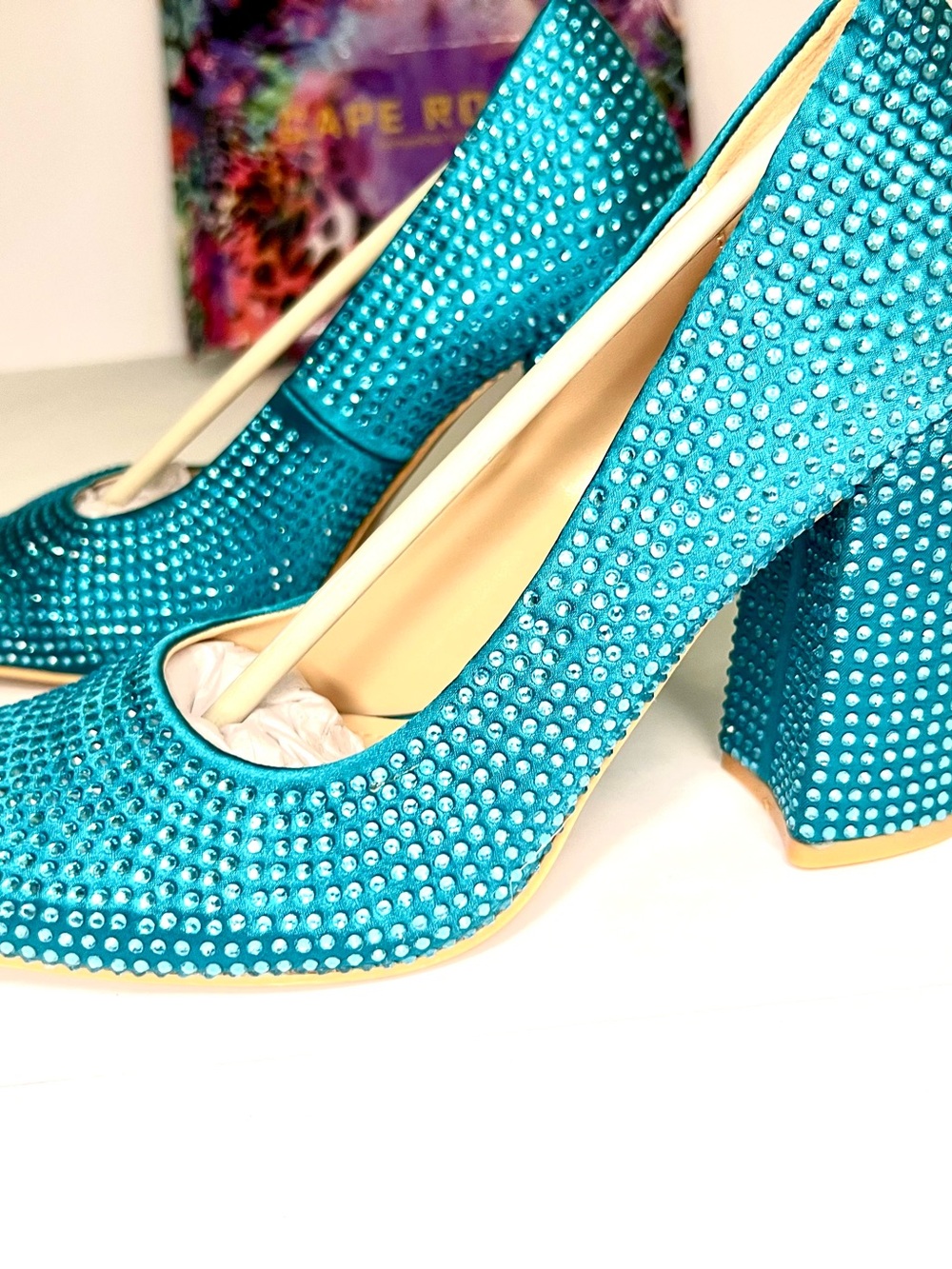 Cape Robbin Turquoise Crystal Block Heel Pumps - Picture 9 of 12